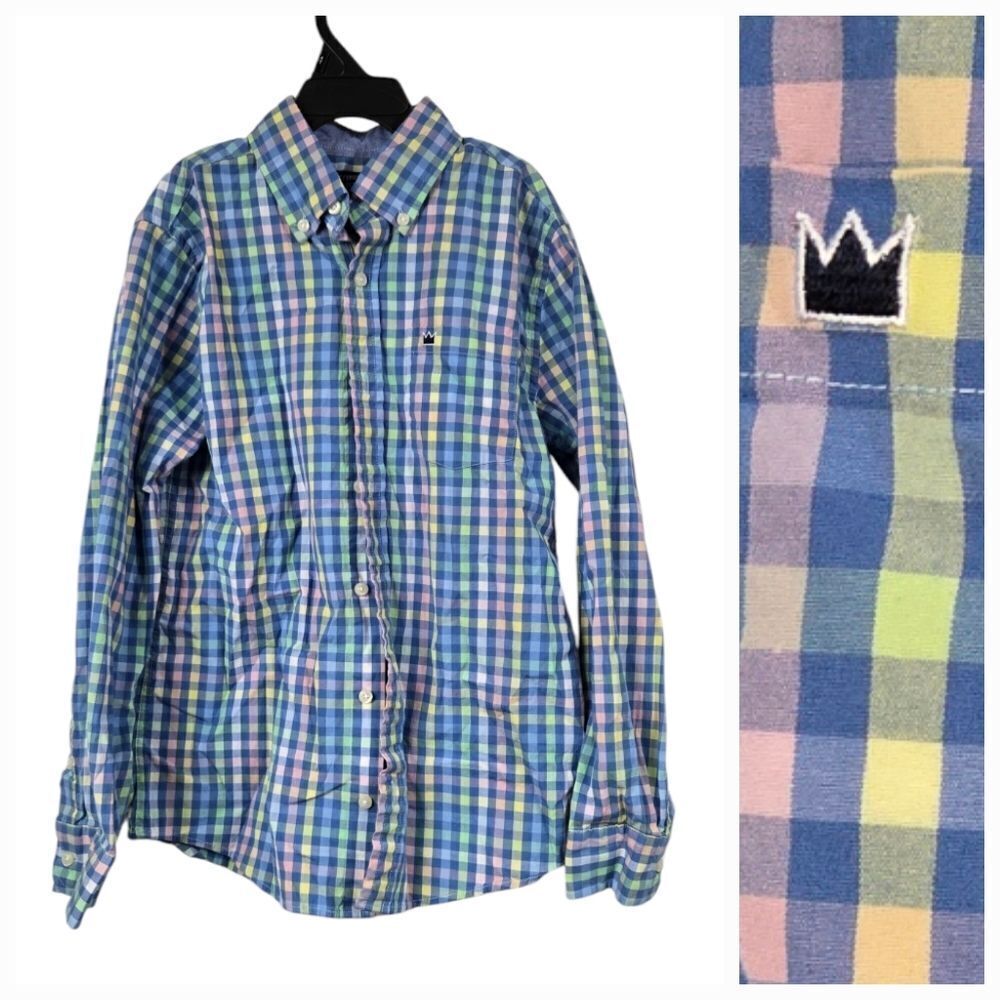Crown & Ivy Boys M 10/12 Long Sleeve Blue Plaid Poplin Button Down Dress Shirt